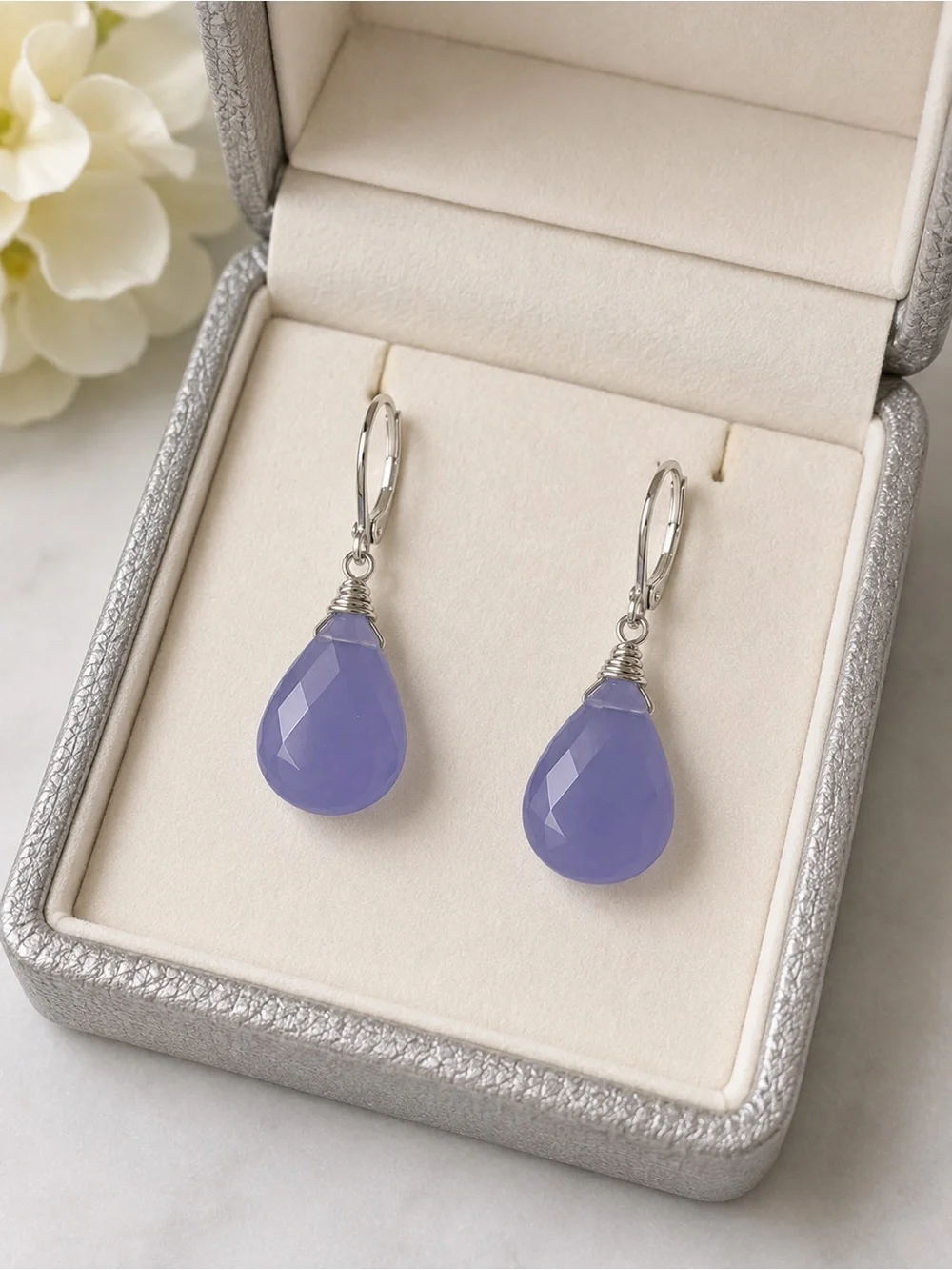 Lavender Quartz Teardrop Earrings Silver Tone Nickel Free - Picture 3 of 5